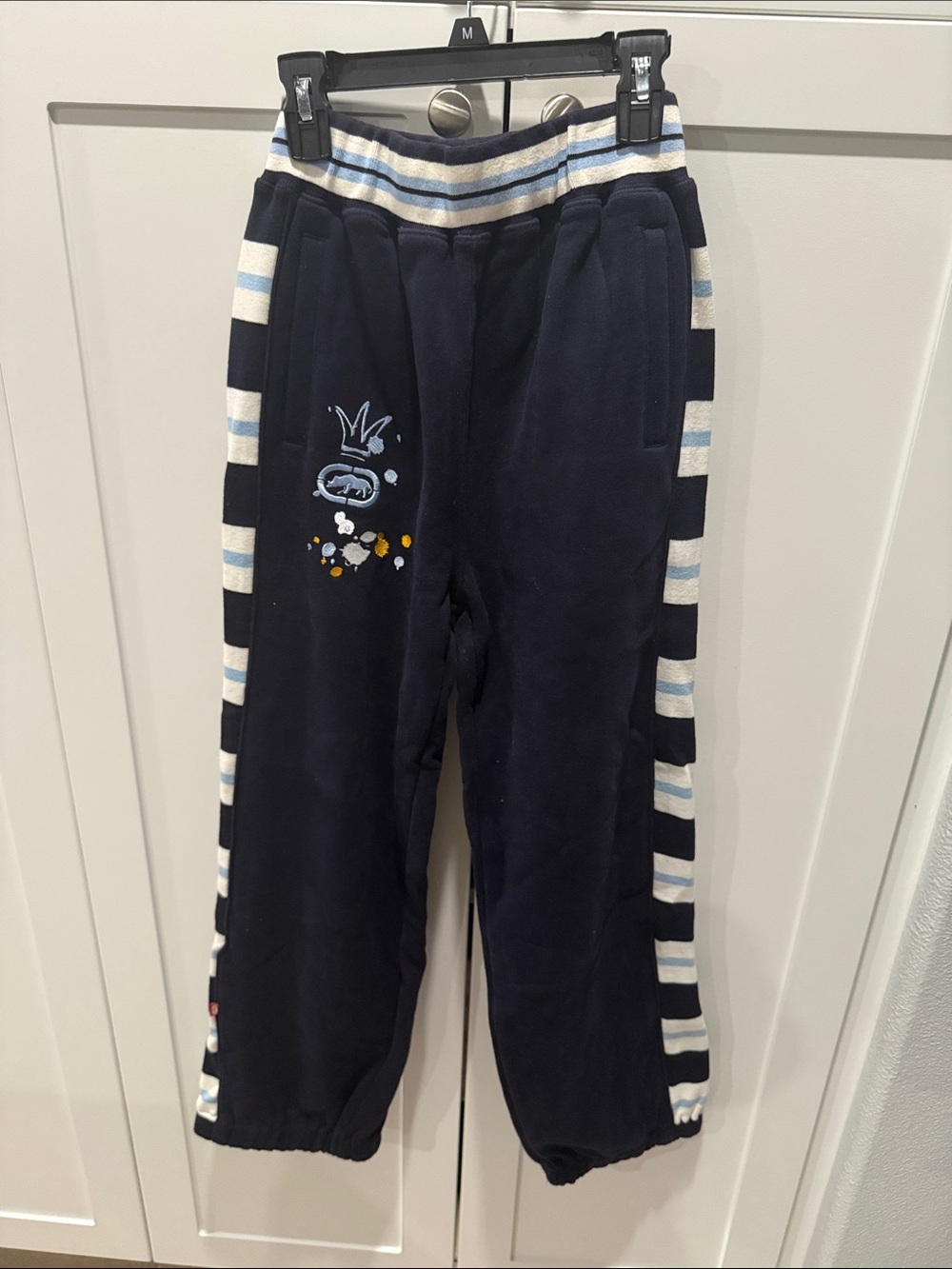 Ecko Unlimited Navy Sweatpants with Cream & Light Blue Stripes